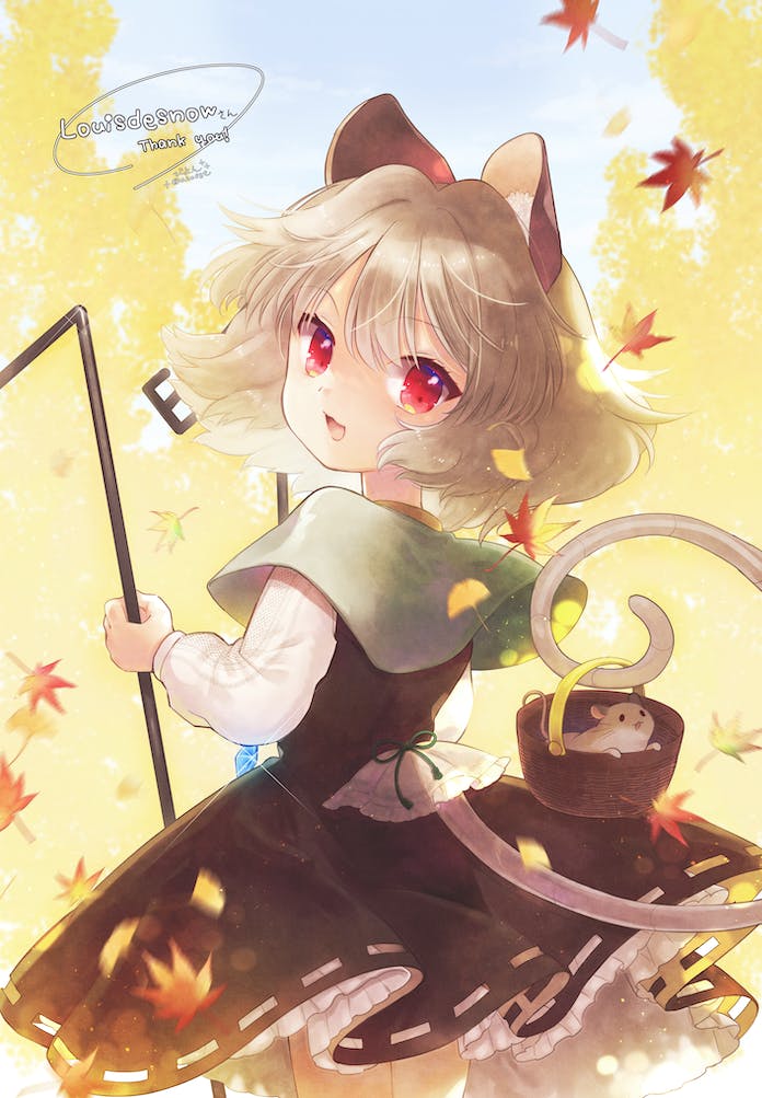 1girl animal animal_ears biyon black_dress capelet commission cowboy_shot dowsing_rod dress grey_capelet grey_hair hair_between_eyes jewelry leaf long_sleeves maple_leaf mouse mouse_ears mouse_tail nazrin open_mouth pendant red_eyes short_hair skeb_commission solo tail touhou