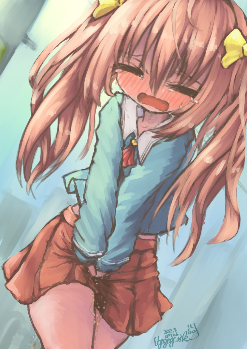 1girl artist_name between_legs blue_shirt blush closed_eyes commentary_request commission cowboy_shot dated hair_between_eyes hair_ribbon hand_between_legs have_to_pee long_sleeves miniskirt open_mouth original oshikko_(karakuri_neko_(tkfm)) pee peeing peeing_self pink_hair pleated_skirt red_skirt ribbon shirt signature skeb_commission skirt sleeves_past_wrists solo tearing_up twintails ugogogesik variant_set wavy_mouth yellow_ribbon