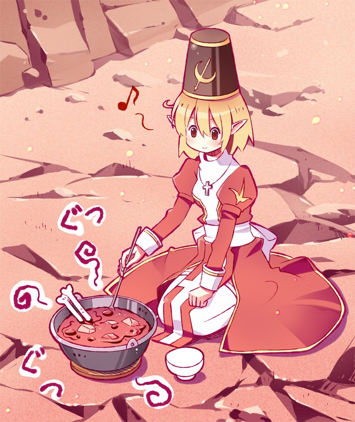 1girl bad_food blonde_hair blush bone bow bowl breasts brown_headwear closed_mouth commentary_request cooking cooking_pot cowlick cross cross_necklace dirt doridori dress food full_body hair_between_eyes hat high_priest_(ragnarok_online) jewelry juliet_sleeves long_sleeves medium_bangs musical_note necklace on_ground pointy_ears puffy_sleeves ragnarok_online red_dress red_eyes rock sash seiza shako_cap short_hair sitting small_breasts smile solo soup thighhighs two-tone_dress white_bow white_dress white_sash white_thighhighs