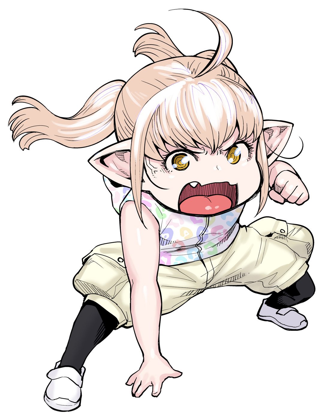 1girl ahoge arm_support blonde_hair clenched_hand commentary_request elf-san_wa_yaserarenai. fang full_body hair_between_eyes highres huge_pockets kobo_(elf-san_wa_yaserarenai.) legs_apart long_hair looking_at_viewer open_mouth pants pointy_ears shoes sidelocks simple_background sleeveless solo squatting synecdoche tareme white_background white_footwear yellow_eyes