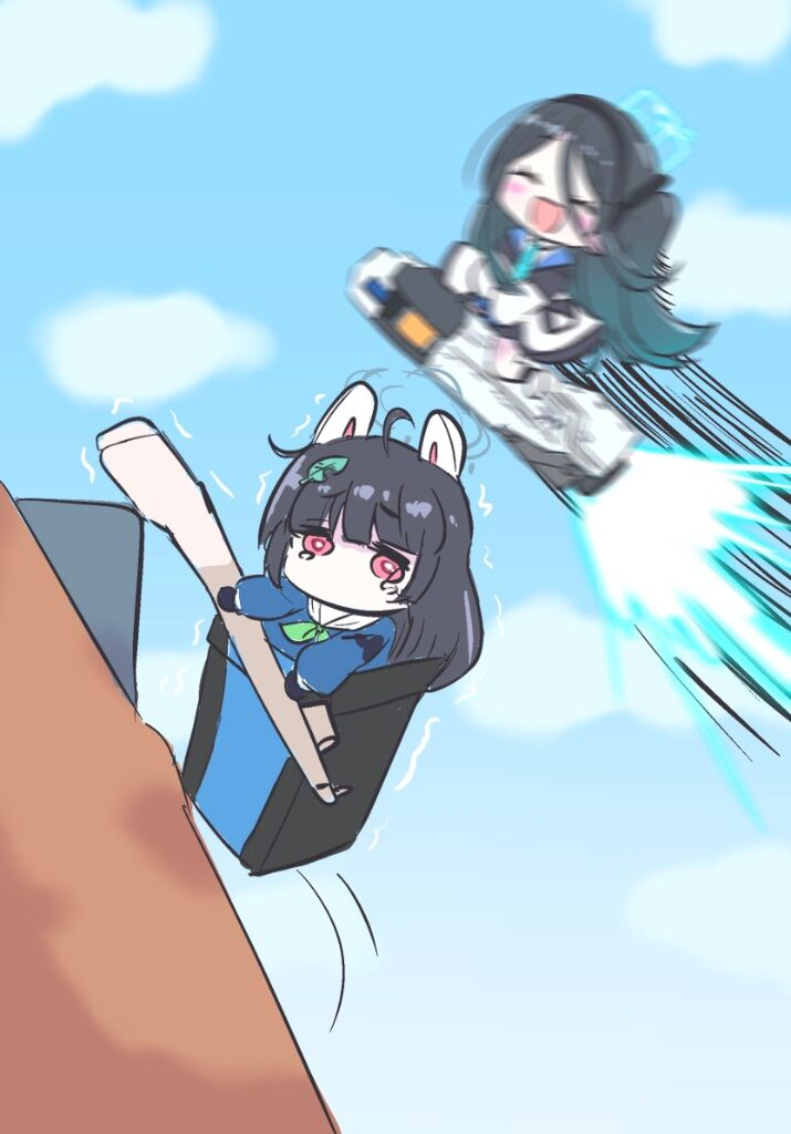 2girls ^_^ aris_(blue_archive) black_gloves black_hair blue_archive blue_necktie blue_sky blunt_bangs blurry chibi cliff climbing closed_eyes cloud cloudy_sky commentary_request crying crying_with_eyes_open depth_of_field firing flying getting_over_it giorgio_(yo_sumire_sola1) gloves gun hair_between_eyes halo happy holding holding_gun holding_weapon in_trash_can jacket jumping long_hair long_sleeves looking_at_viewer miyu_(blue_archive) motion_blur multicolored_clothes multicolored_jacket multiple_girls necktie one_side_up outdoors pleated_skirt railgun recycle_bin red_eyes riding rifle rocket school_uniform serafuku sidelocks sitting sketch skirt sky sniper_rifle tears trash_can trembling two-tone_jacket weapon