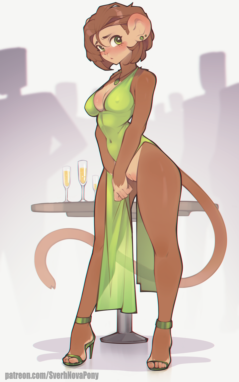 10:16 alcohol anthro beverage bottomless brown_body brown_fur brown_hair champagne champagne_glass clothed clothing dress ear_piercing female footwear front_view fur furniture genitals green_clothing green_dress green_eyes hair haplorhine hi_res high_heels mammal monkey no_underwear piercing primate pussy solo standing sverhnovapony table tail text url