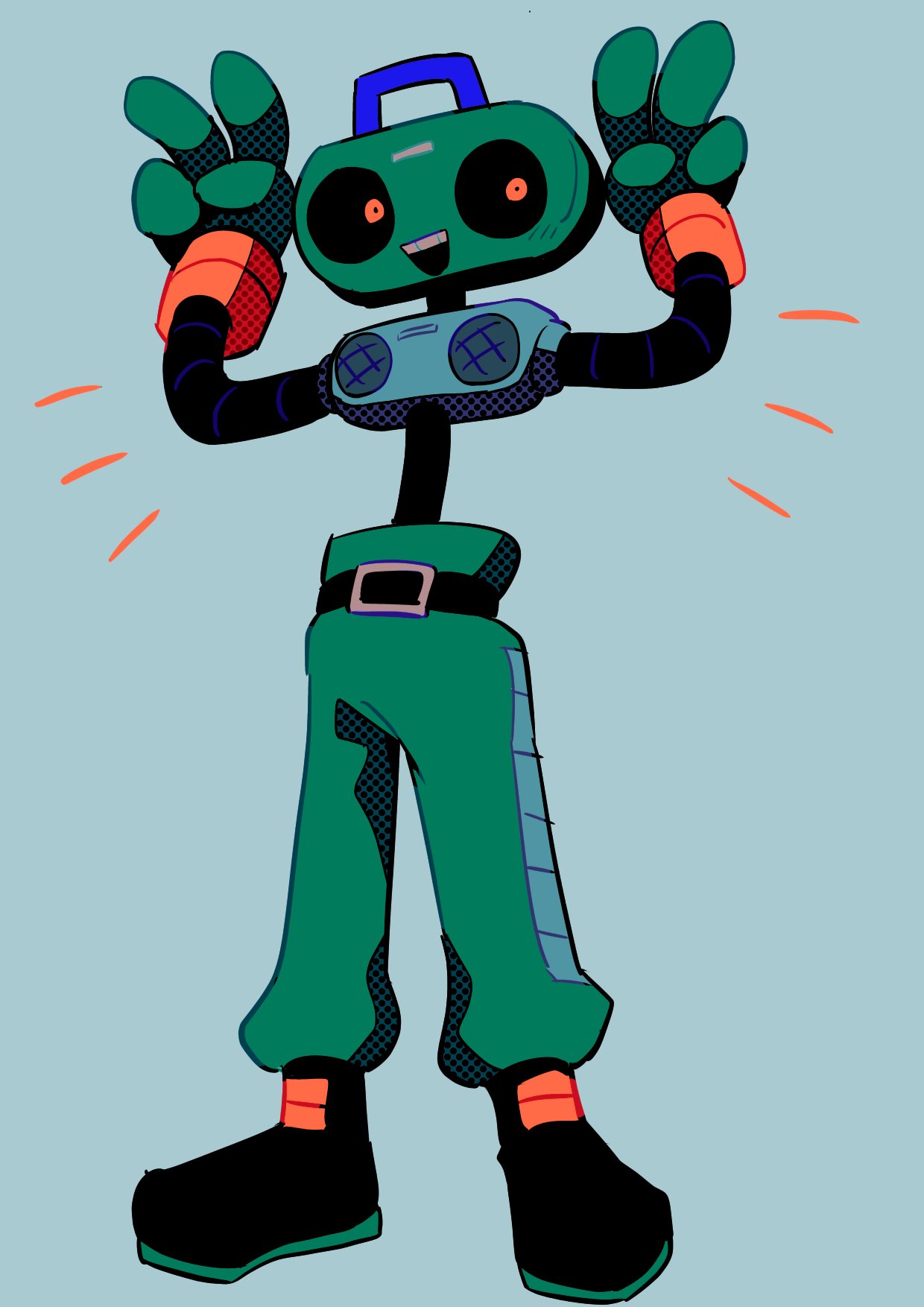 1boy belt belt_buckle black_belt black_footwear boombox buckle deltarune double_v full_body green_pants grey_background highres k_k_(deltarune) male_focus menma_(enaic31) object_head open_mouth orange_eyes pants robot simple_background speaker teeth upper_teeth_only v