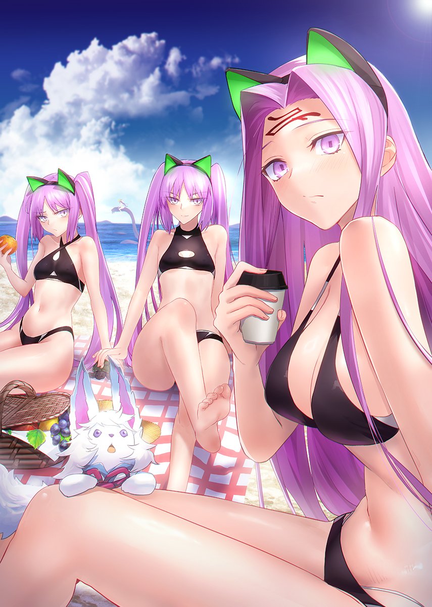 3girls animal_ears bare_shoulders barefoot basket beach bikini black_bikini blue_sky blush breasts cat_ears cleavage collarbone euryale_(fate) facial_mark fake_animal_ears fate/grand_order fate_(series) food forehead forehead_mark fou_(fate) fruit hairband highres large_breasts long_hair looking_at_viewer medusa_(fate) medusa_(rider)_(fate) minami_koyogi multiple_girls navel parted_bangs purple_eyes purple_hair shore siblings sidelocks sisters sitting sky small_breasts smile stheno_(fate) swimsuit thighs twintails very_long_hair