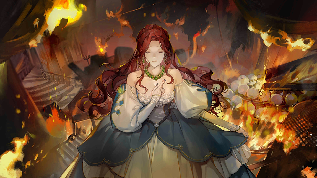 1girl artist_request bare_shoulders blue_dress blue_nails breasts burning chandelier closed_eyes closed_mouth crying curtains dress earrings facing_viewer fingernails fire game_cg girls'_frontline hand_on_own_chest jewelry large_breasts long_hair long_sleeves miss_passadou_(girls'_frontline) necklace official_art puffy_long_sleeves puffy_sleeves red_hair skirt_hold smile solo stairs tears theater two-tone_dress very_long_hair white_dress