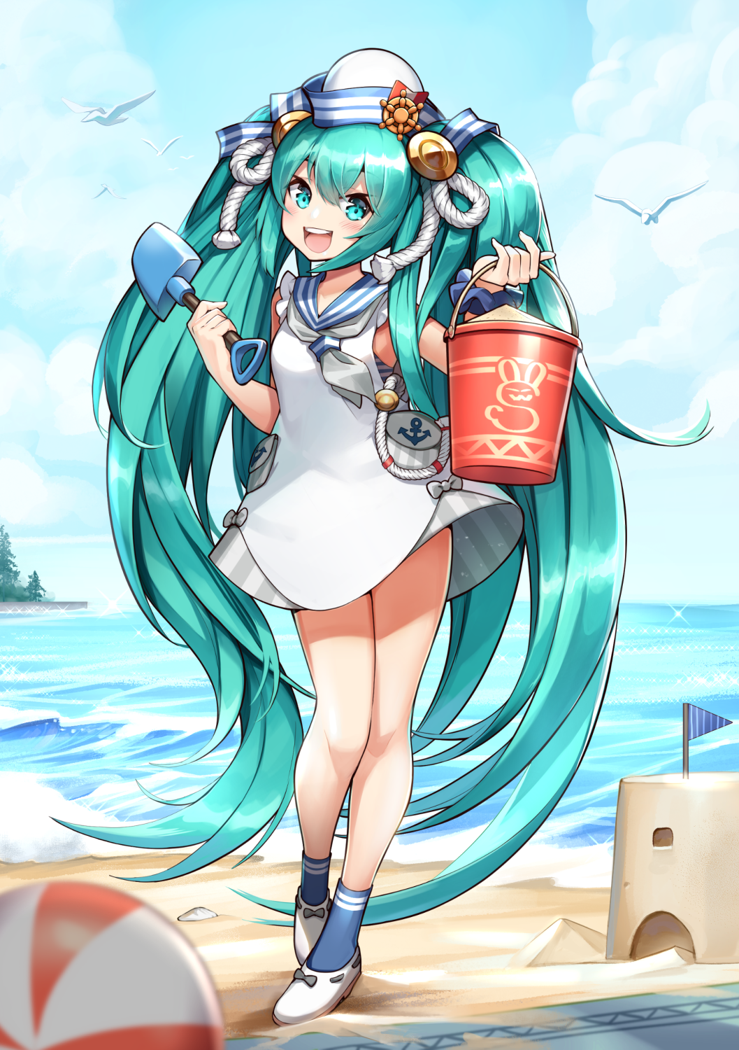 1girl anchor_print animal_print ball beach beachball bird blue_socks bucket cloud dress full_body green_eyes green_hair hair_between_eyes hat hatsune_miku highres holding legs_together long_hair looking_at_viewer low_twintails open_mouth outdoors rabbit_print rope sand sand_castle sand_sculpture seagull shovel siriuflong sky sleeveless sleeveless_dress socks solo summer taito teeth twintails upper_teeth_only very_long_hair vocaloid white_dress white_footwear