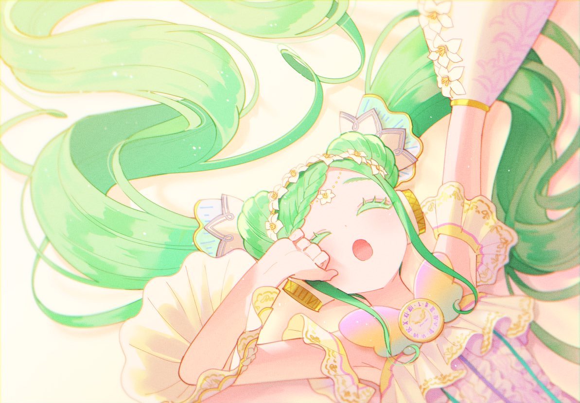 1girl :o arm_up braid braided_bangs center_frills clock closed_eyes detached_sleeves dress dutch_angle facing_viewer falala_a_larm floral_print flower frills from_above green_hair hair_flower hair_ornament hair_spread_out head_chain headphones idol_time_pripara long_hair o4ritarou open_mouth pretty_(series) print_dress pripara rubbing_eyes sleepy solo stretching twintails upper_body very_long_hair white_flower wide_sleeves yawning
