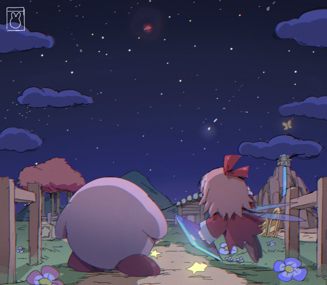 1boy 1girl bendedede block bow brown_footwear bug butterfly cabin cloud dress fairy fairy_wings fence flower glowing grass hair_bow holding_crystal kirby kirby_(series) kirby_64 night night_sky pink_hair pointing pointing_up red_bow red_dress red_footwear red_ribbon ribbon ribbon_(kirby) ripple_star road shooting_star sky star_(sky) star_(symbol) star_block starry_sky tree wings wooden_fence