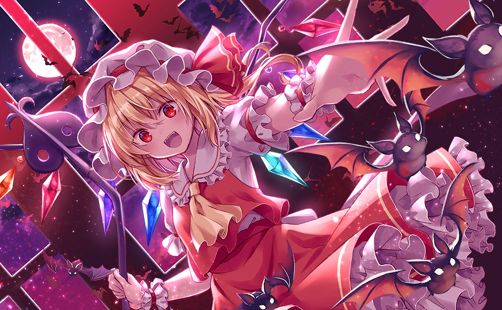 1girl ascot back_bow bat_(animal) blonde_hair blush bow clothes_lift cloud collar collared_vest crystal_wings dutch_angle eyelashes flandre_scarlet frilled_collar frilled_hat frilled_skirt frilled_sleeves frilled_wrist_cuffs frills full_moon game_cg hat hat_ribbon holding holding_weapon indoors kure~pu laevatein_(touhou) looking_at_viewer medium_hair mob_cap moon night night_sky official_art one_side_up open_mouth outstretched_arm puffy_short_sleeves puffy_sleeves reaching reaching_towards_viewer red_bow red_eyes red_ribbon red_skirt red_vest red_wrist_cuffs ribbon shirt short_sleeves skirt skirt_lift skirt_set sky slit_pupils smile star_(sky) striped striped_ribbon teeth third-party_source touhou touhou_cannonball upper_teeth_only vest weapon white_bow white_collar white_headwear white_shirt window wrist_bow yellow_ascot