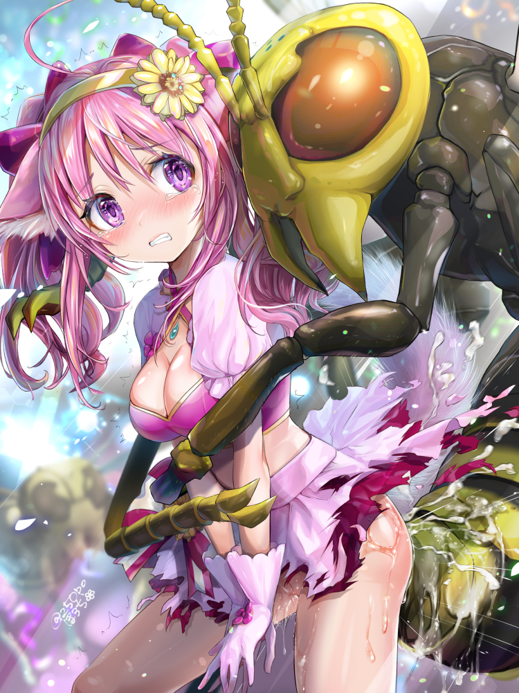 1girl animal_ears bestiality blush breasts bug cleavage clenched_teeth cum dog_days dog_ears flower gloves grabbing grabbing_from_behind ho_roji_(horochi) millhiore_f._biscotti pink_hair pink_skirt purple_eyes purple_gloves rape sex sex_from_behind skirt slimy sunflower tearing_up teeth torn_clothes torn_skirt wasp