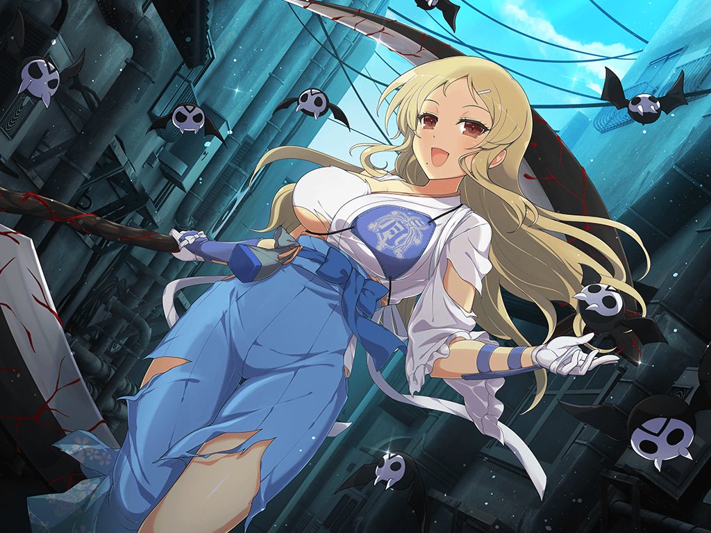 1girl bag balcony bat_(animal) bat_wings blonde_hair blue_bow blue_pants blue_sky blush bow bracer breasts building cloud collarbone day gloves hair_ornament hairclip hakama holding holding_scythe holding_weapon huge_weapon industrial industrial_pipe japanese_clothes kimono large_breasts long_hair looking_at_viewer mole mole_under_mouth muneate official_art open_mouth outdoors pants railing red_eyes scythe senran_kagura senran_kagura_new_link senran_kagura_shinovi_versus shiki_(senran_kagura) sky smile solo tongue torn_clothes torn_pants weapon window wings yaegashi_nan