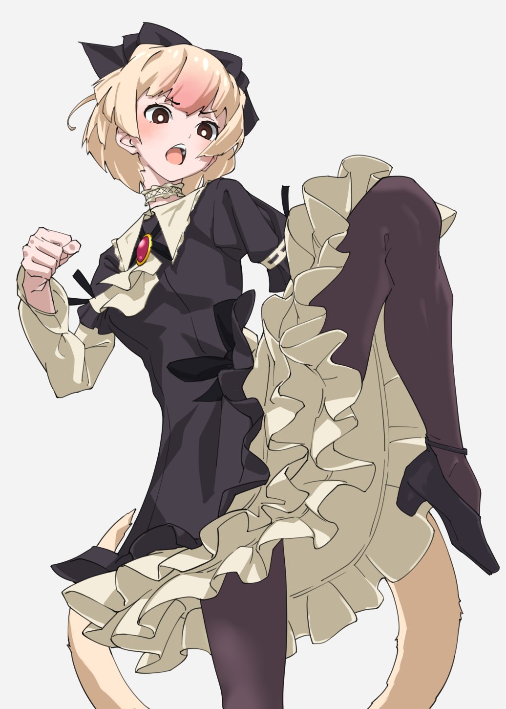 1girl anteater_ears anteater_tail black_bow black_dress black_footwear black_pantyhose blonde_hair bow choker collar collared_dress cowboy_shot dress frilled_collar frilled_skirt frilled_sleeves frills hair_between_eyes hair_bow high_heels highres kemono_friends leg_up multicolored_hair neckerchief official_alternate_costume pantyhose pink_hair puffy_short_sleeves puffy_sleeves short_hair short_sleeves sidelocks silky_anteater_(kemono_friends) skirt solo standing standing_on_one_leg tanabe_(fueisei) white_choker white_neckerchief white_sleeves