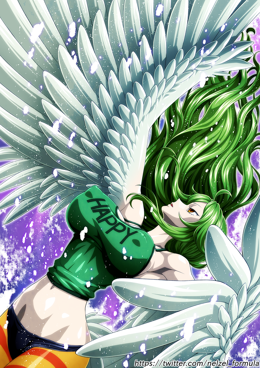 1girl bikini bikini_bottom_only bird_tail breasts covered_nipples english_text feathers green_hair green_tank_top harpy highres large_breasts long_hair looking_up monet_(one_piece) monster_girl narrow_waist navel nel-zel_formula one_piece open_mouth purple_background simple_background snowing solo striped_leggings swimsuit tail tank_top twitter_username wings yellow_eyes