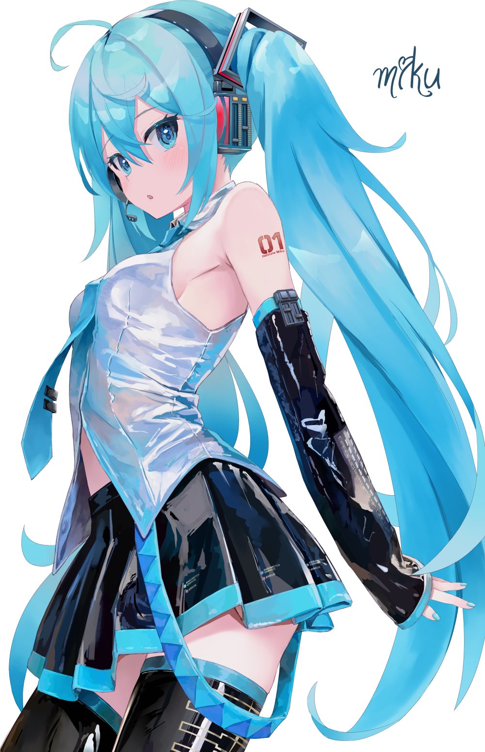 1girl :o ahoge aqua_eyes aqua_hair aqua_nails aqua_necktie arms_at_sides arms_behind_back bare_shoulders black_skirt black_sleeves blush breasts character_name collared_shirt cowboy_shot detached_sleeves from_side grey_shirt hair_between_eyes hatsune_miku headphones headset highres long_hair looking_at_viewer microphone midriff_peek necktie open_mouth partially_unbuttoned shiny_clothes shirt sideboob sidelocks sideways_glance simple_background skirt sleeveless sleeveless_shirt solo takepon1123 thighhighs twintails very_long_hair vocaloid white_background zettai_ryouiki