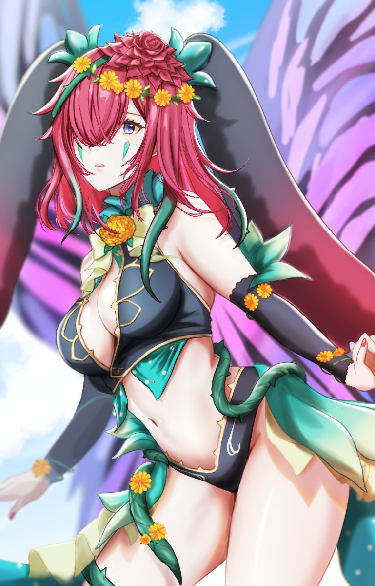 1girl animal_ears bare_shoulders blue_eyes bow bowtie breasts bug butterfly butterfly_wings commission easter_egg egg falling_petals fire_emblem fire_emblem_heroes flower hair_flower hair_ornament hair_over_one_eye hair_vines highres large_breasts navel official_alternate_costume petals plant purple_hair rabbit_ears second-party_source silken_tofu skeb_commission triandra_(fire_emblem) triandra_(spring)_(fire_emblem) vines wings