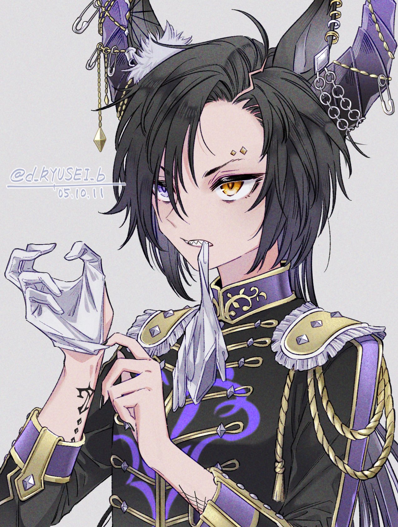 1girl adjusting_clothes adjusting_gloves air_shakur_(belphegor's_prime)_(umamusume) air_shakur_(umamusume) animal_ears arm_tattoo asymmetrical_bangs black_hair black_jacket breasts chain clenched_teeth dated demon_horns ear_piercing epaulettes eyebrow_piercing glove_in_mouth gloves grey_background heterochromia highres horns horse_ears jacket long_hair long_sleeves looking_afar military_jacket mouth_hold official_alternate_costume official_alternate_eye_color parted_bangs piercing purple_eyes putting_on_gloves ryusei_(ryusei_b) safety_pin sharp_teeth simple_background small_breasts solo tattoo teeth teeth_hold twitter_username umamusume unworn_gloves v-shaped_eyebrows white_gloves yellow_eyes