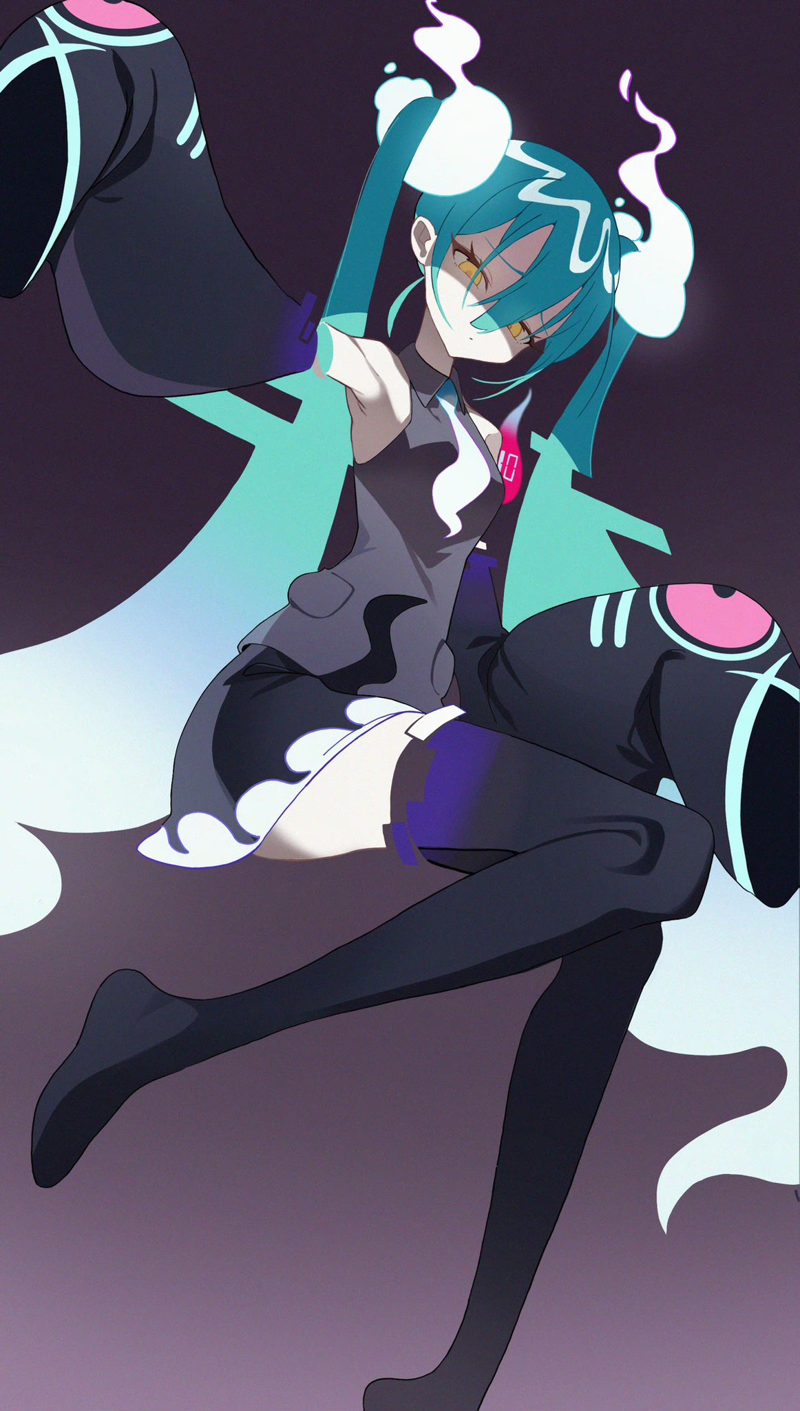 aqua_hair bare_shoulders black_thighhighs collared_shirt cyan_yu detached_sleeves ghost ghost_miku_(project_voltage) glitch gradient_hair grey_shirt hair_between_eyes hatsune_miku highres long_hair multicolored_hair necktie pale_skin pokemon project_voltage shirt skirt sleeves_past_fingers sleeves_past_wrists thighhighs twintails very_long_hair vocaloid will-o'-the-wisp_(mythology) yellow_eyes