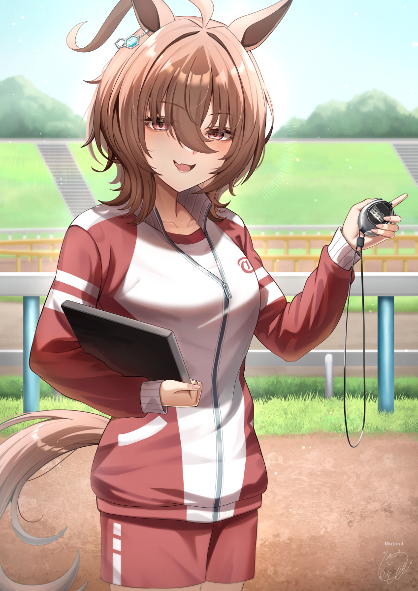 1girl agnes_tachyon_(umamusume) ahoge animal_ears artist_name blush breasts chemical_structure clipboard commentary_request cowboy_shot dirt earrings fang grass hair_between_eyes highres holding holding_clipboard holding_stopwatch horse_ears horse_girl horse_tail jacket jewelry long_sleeves looking_at_viewer medium_breasts messy_hair motsushi open_mouth outdoors pointing red_eyes red_jacket red_shorts short_hair shorts signature single_earring skin_fang smile solo stopwatch tail tracen_training_uniform track_jacket umamusume