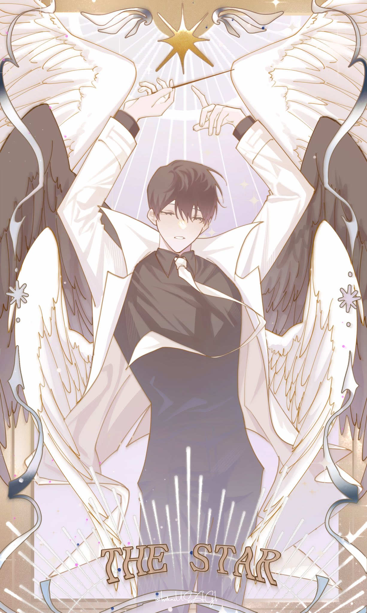 1boy arms_up black_feathers black_pants black_shirt black_wings closed_eyes coat collared_shirt feathers highres isekaiusagi kim_dokja long_sleeves male_focus multiple_wings necktie omniscient_reader's_viewpoint pants seraph shirt sky solo star_(sky) starry_sky the_star_(tarot) white_coat white_feathers white_necktie white_wings wing_collar wings
