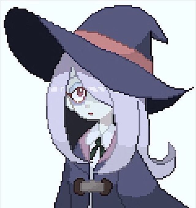 1girl bags_under_eyes black_ribbon black_robe collared_shirt expressionless hair_over_one_eye half-closed_eyes hat light_purple_hair little_witch_academia long_hair pale_skin pixel_art ribbon robe shirt simple_background sucy_manbavaran uchu_imagawa upper_body white_background white_shirt witch witch_hat