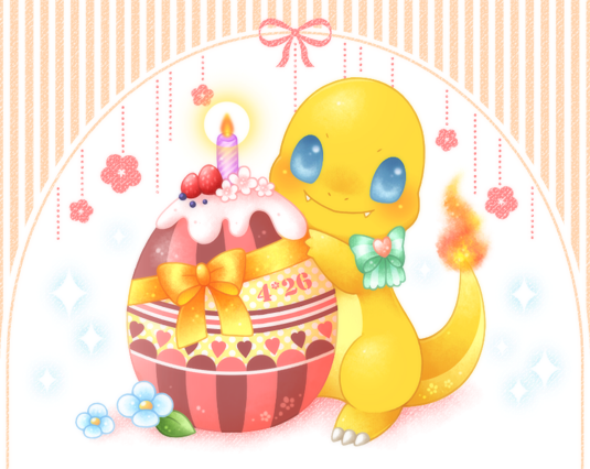 alternate_color blue_eyes bow candle charmander dated fangs fire floral_background flower food fruit green_bow hand_up leaf looking_at_viewer no_humans pokemon shiny_pokemon sparkle_background strawberry striped ten'on_(amane09) vertical_stripes