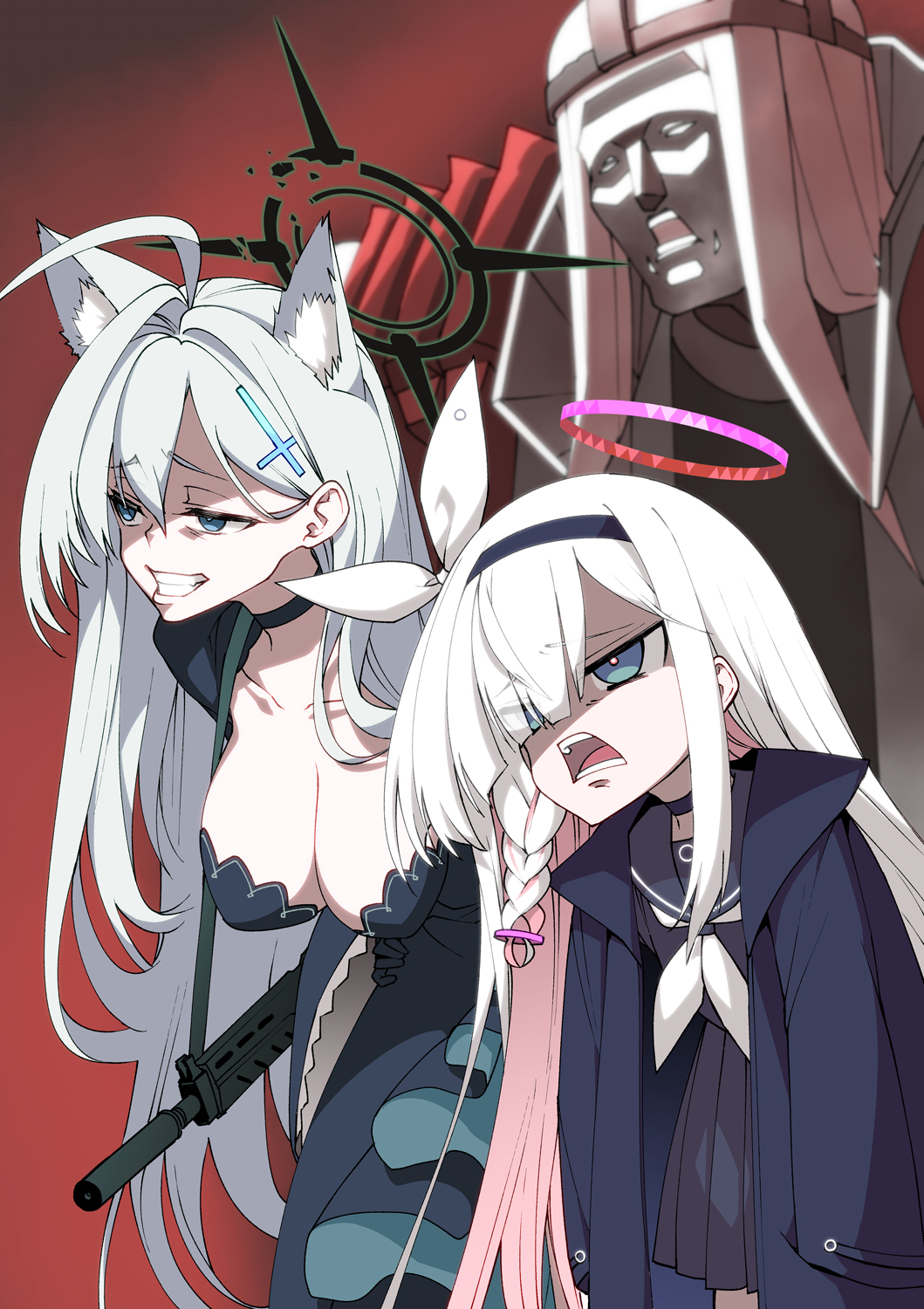 1boy 2girls a.r.o.n.a_(blue_archive) ahoge animal_ear_fluff animal_ears black_sailor_collar blue_archive blue_eyes braid breasts choker cleavage coat cross_hair_ornament grey_hair grin gun hair_between_eyes hair_ornament hair_over_one_eye hairband halo highres hitotose_rin large_breasts leaning_forward long_hair long_sleeves multicolored_hair multiple_girls neckerchief open_clothes open_coat open_mouth phrenapates_(blue_archive) pleated_skirt ribbon sailor_collar school_uniform serafuku shiroko_(blue_archive) shiroko_(terror)_(blue_archive) side_braid simple_background skirt smile weapon white_hair