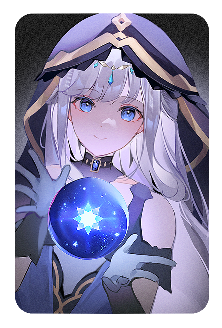 adina_savic bare_shoulders black_background black_gloves black_survival blue_dress blue_eyes blue_hood choker closed_mouth crystal_ball dress eternal_return:_black_survival floating floating_object gem gloves gradient_background hood ixerx long_hair looking_at_viewer smile white_hair