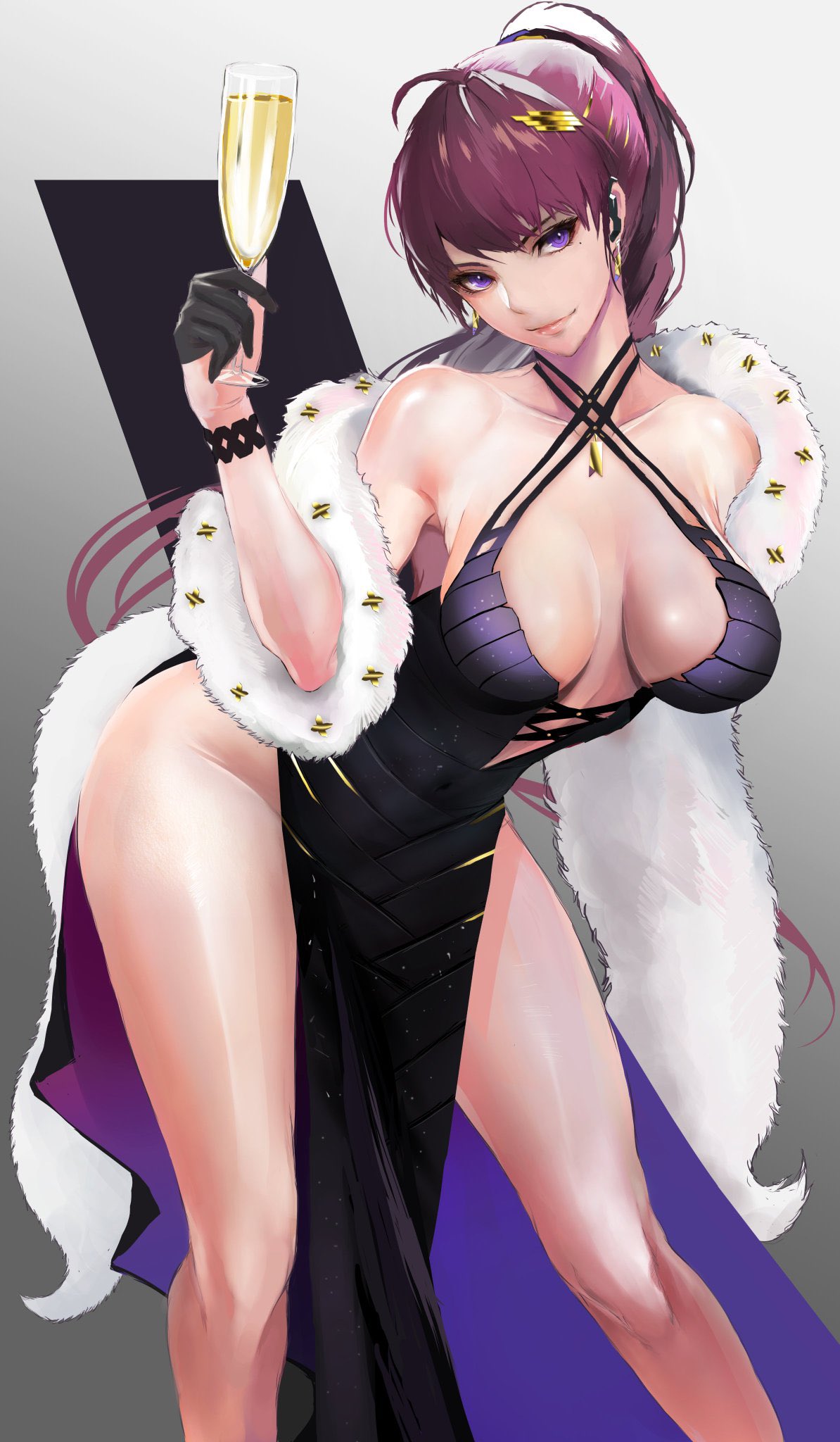 1girl bare_shoulders bent_over black_dress black_footwear black_gloves breasts champagne_flute cleavage cocktail_dress collarbone covered_navel criss-cross_halter cup dolla_(dark_rose)_(nikke) dolla_(nikke) dress drinking_glass earpiece feather_boa gloves goddess_of_victory:_nikke hair_ornament hairclip half_gloves halterneck highres holding kyel_hyde large_breasts legs long_hair looking_at_viewer mole mole_under_eye multi-strapped_dress navel no_bra no_panties official_alternate_costume pelvic_curtain ponytail purple_eyes purple_hair see-through_silhouette sleeveless sleeveless_dress spaghetti_strap standing thighs
