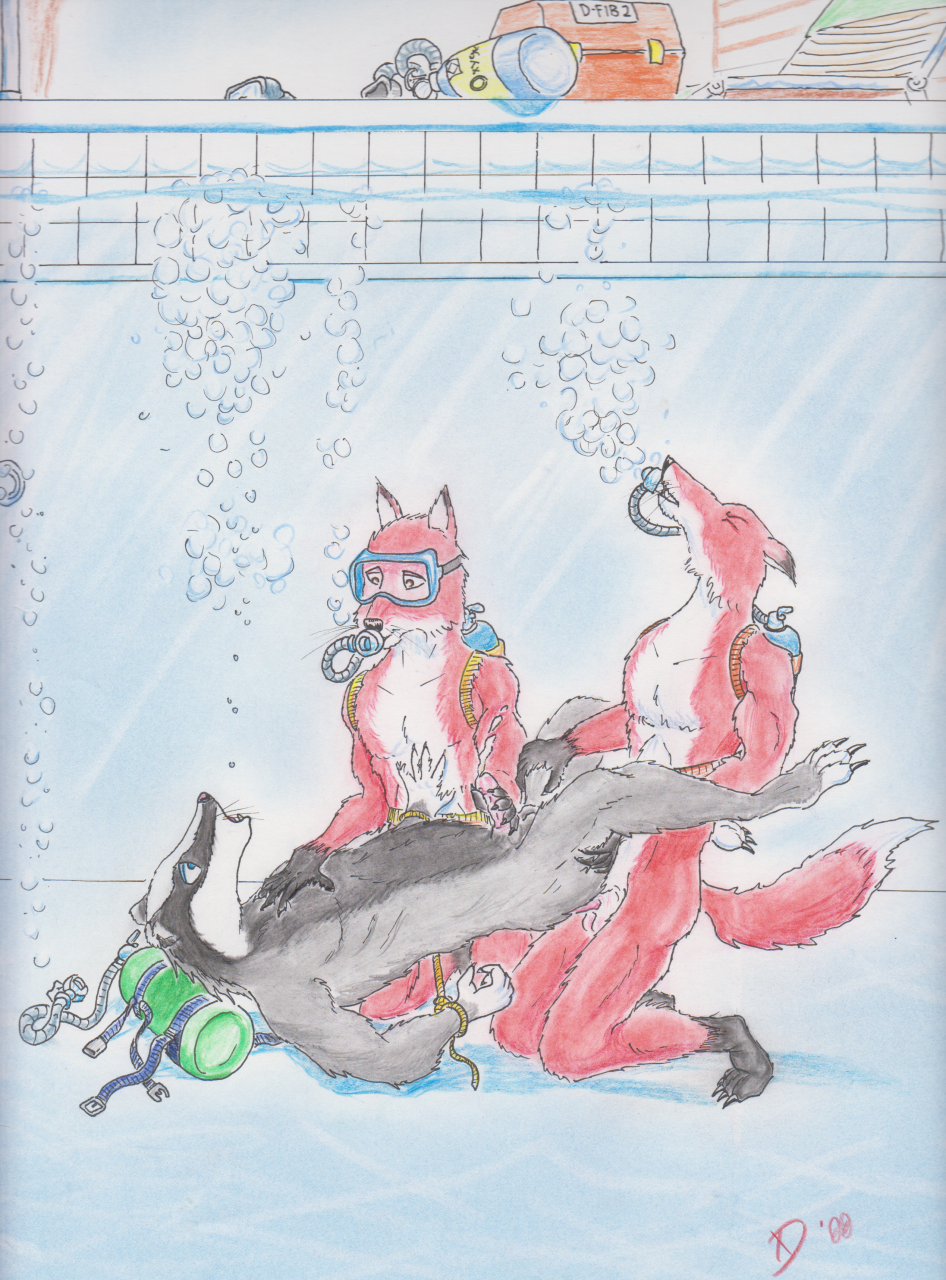 2000 anal anal_penetration asphyxiation badger bdsm bodily_fluids bondage bound breath_play bubble canid canine colored_pencil_(artwork) cum darkwolfie diving_mask fox from_front_position genital_fluids group handjob hands_behind_back hi_res lying male male/male male_penetrated male_penetrating male_penetrating_male mammal mask missionary_position mustelid musteline on_back penetration penile pool questionable_consent red_fox restraints rope rope_bondage scuba scuba_gear scuba_tank sex traditional_media_(artwork) trio underwater underwater_sex water wrists_tied