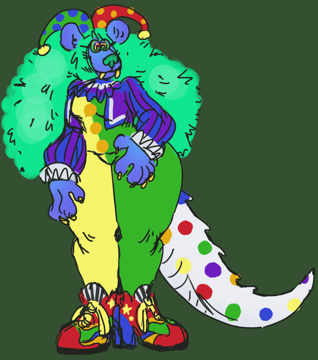 alligator alligatorid alternate_color animated anthro big_hair byarx_(deermary) clothing clown clown_costume clown_shoes color_change crocodilian deermary epilepsy_warning felid female fluffy fluffy_hair fool's_hat gold_(metal) gold_tooth hair handpaw hat headgear headwear hi_res hybrid hyena jester lion long_legs mammal mane markings messy_hair multicolored_body multicolored_eyes pantherine paws polka_dots reptile reptile_tail round_ears scalie solo spots spotted_markings thick_thighs wide_hips