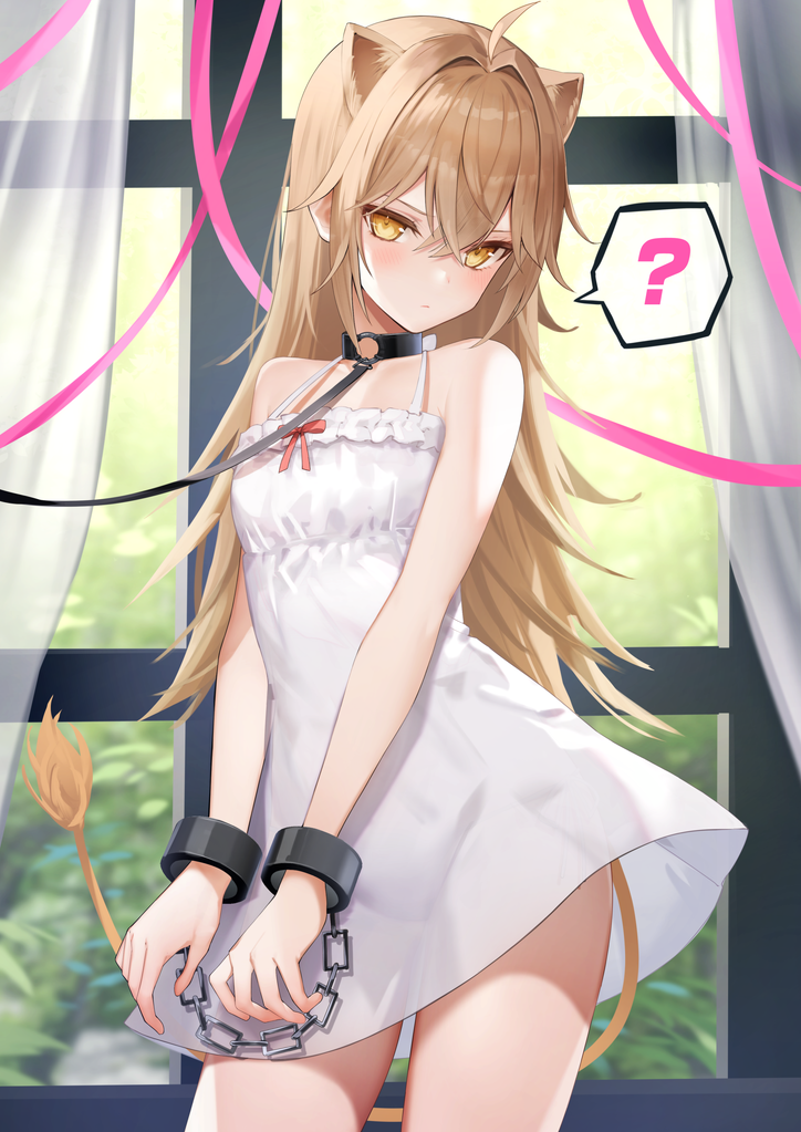 1girl ? ahoge animal_ears bare_arms bare_shoulders black_collar blush bound bound_ankles bound_wrists brown_hair closed_mouth collar commentary_request contrapposto cowboy_shot crossed_bangs cuffs curtains dress hair_between_eyes halter_dress halterneck indie_virtual_youtuber indoors leash lion_ears lion_girl lion_tail long_hair looking_at_viewer o-ring_collar paid_reward_available rurudo_lion rurudo_lion_(1st_costume) shackles sleeveless sleeveless_dress solo spoken_question_mark standing sundress tail tauta_(meshia8787) virtual_youtuber white_dress window yellow_eyes