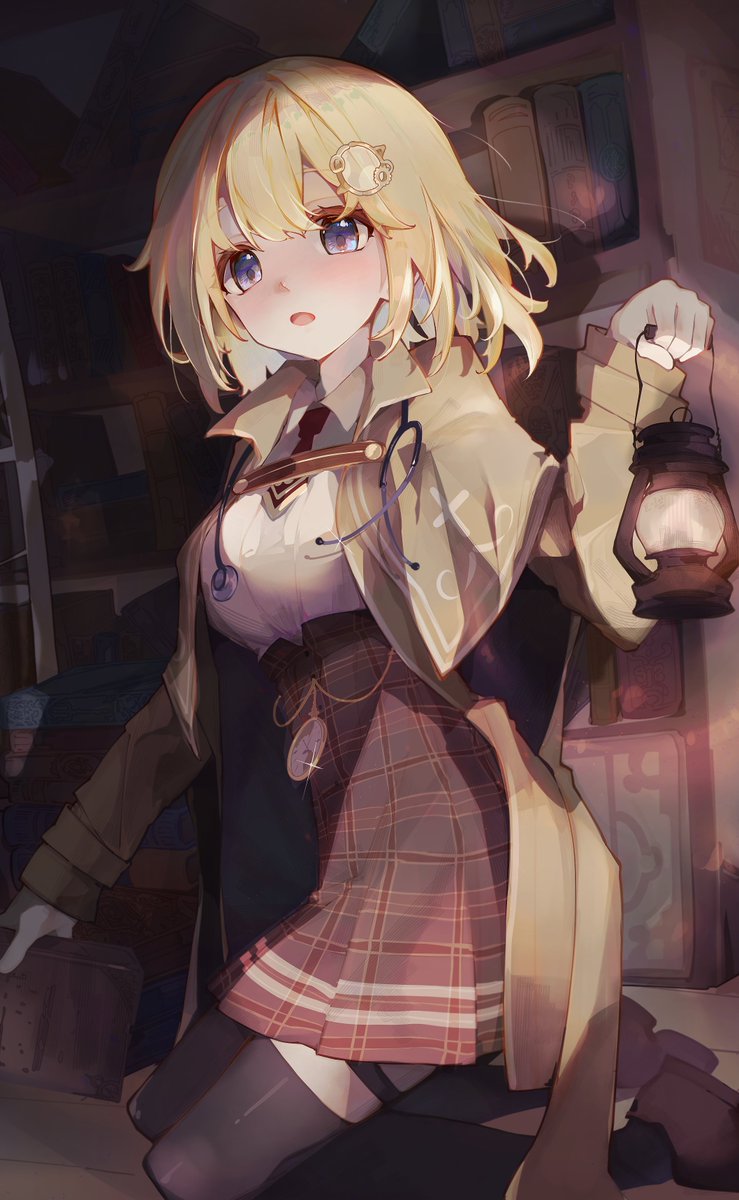 1girl blonde_hair blue_eyes book bookshelf breasts brown_coat brown_skirt coat collared_shirt english_commentary hair_ornament high-waist_skirt highres holding holding_book holding_lantern hololive hololive_english kneeling lantern long_sleeves looking_at_viewer medium_breasts mixed-language_commentary necktie open_mouth plaid plaid_skirt pocket_watch red_necktie sauce_darusungi shirt short_necktie skirt solo stethoscope thigh_strap thighhighs virtual_youtuber watch watson_amelia watson_amelia_(1st_costume) white_shirt