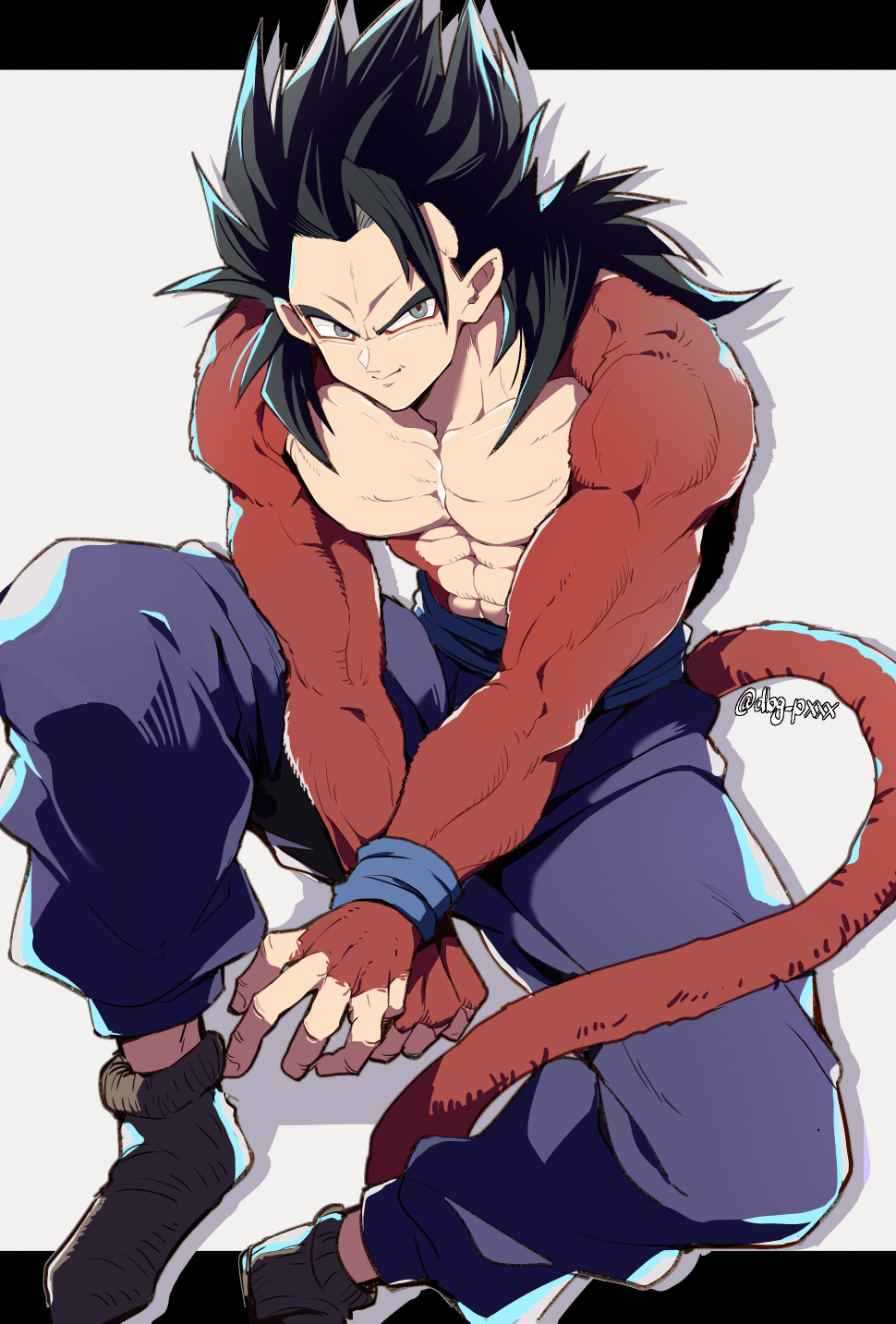 1boy abs bb_m0024 biceps black_hair blue_sash body_fur closed_mouth dragon_ball dragon_ball_heroes highres long_hair looking_at_viewer male_focus monkey_boy monkey_tail muscular muscular_male no_nipples pants pectorals red_fur saiyan sash smile solo son_gohan spiked_hair super_saiyan super_saiyan_4 tail