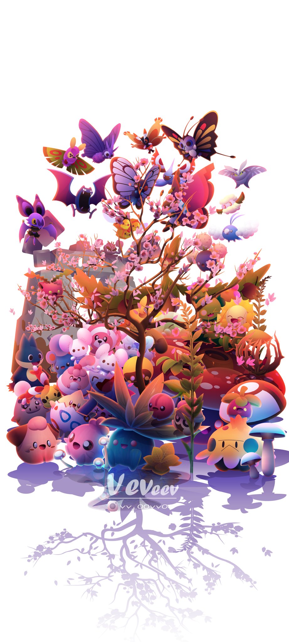 alolan_geodude animal_focus arboliva artist_name azurill bat_(animal) beautifly bird bounsweet bug butterfly butterfree cherry_tree cherubi chingling cleffa combee commentary cottonee dustox english_commentary frosmoth full_body galarian_darumaka garganacl golbat happiny highres honeycomb_(object) hoppip igglybuff jumpluff makuhita mantyke maractus masquerain mothim munchlax mushroom no_humans noibat oddish plant pokemon pokemon_(creature) reflection reflective_surface seedot shroomish simple_background spoink stonjourner stufful sunflora swablu tadbulb tandemaus togepi too_many venomoth veveev vileplume vivillon white_background wide_shot wynaut