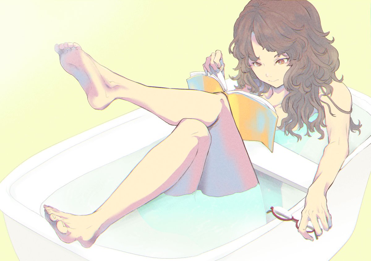1girl bathing bathtub book brown_eyes brown_hair check_commentary closed_mouth commentary commentary_request completely_nude glasses hair_censor hair_down holding holding_eyewear long_hair nude open_book partially_submerged ranko_no_ane reading red-framed_eyewear thick_eyebrows touhou turning_page usami_sumireko wavy_hair wavy_mouth yellow_background