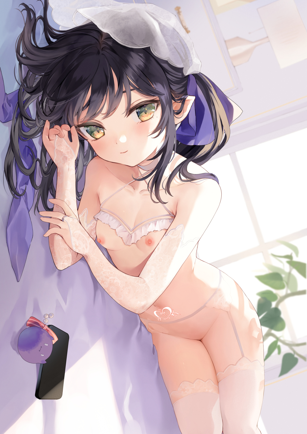 1girl black_hair blush breasts bridal_gauntlets cowboy_shot elbow_gloves garter_straps gloves highres indoors kedama_milk looking_at_viewer lying medium_hair nipples nude on_side original pointy_ears pubic_tattoo small_breasts smile solo sunlight sutora-chan tattoo thighhighs veil white_thighhighs window yellow_eyes