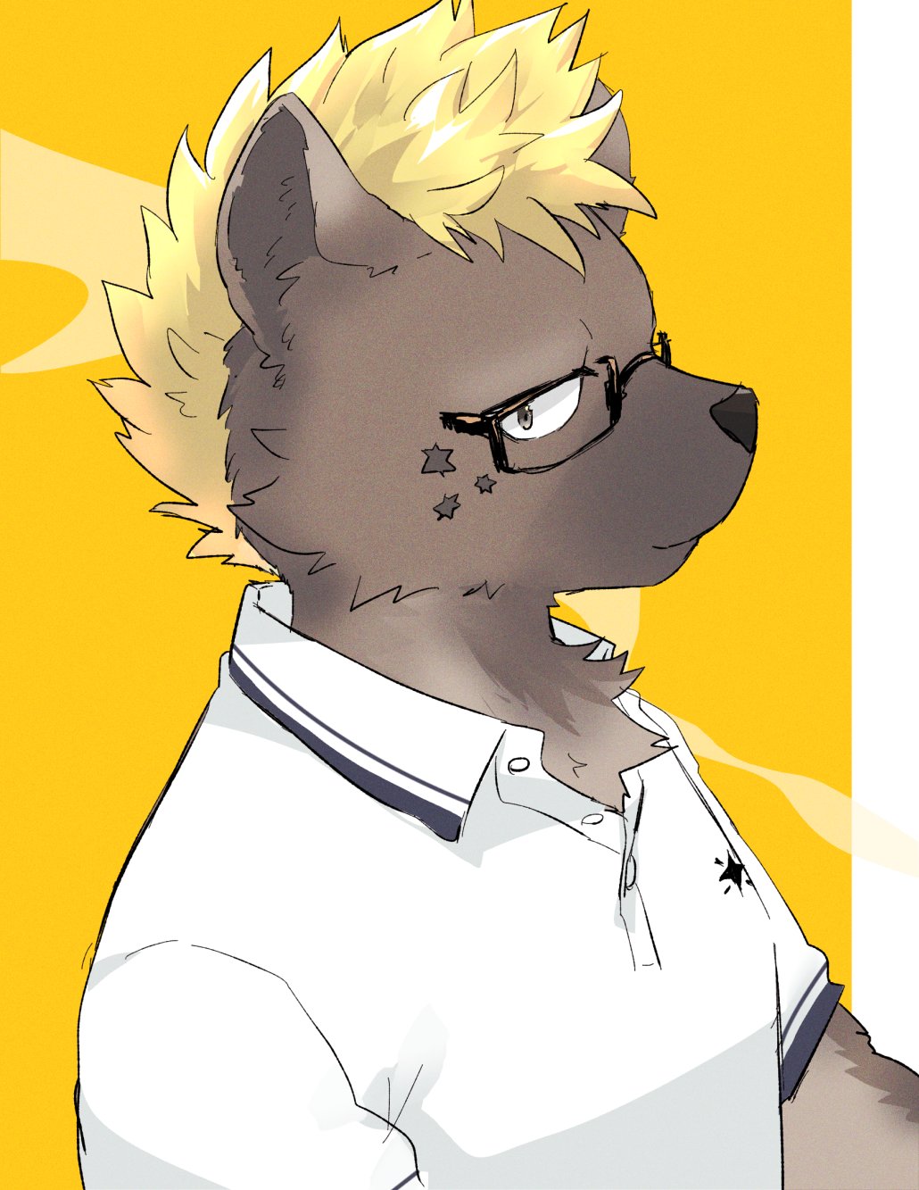 anthro blonde_hair bone_color919 brown_body brown_fur clothing eyewear fur glasses hair hi_res hyena lifewonders live_a_hero male mammal polo_shirt roiker shirt solo spots spotted_body spotted_fur topwear