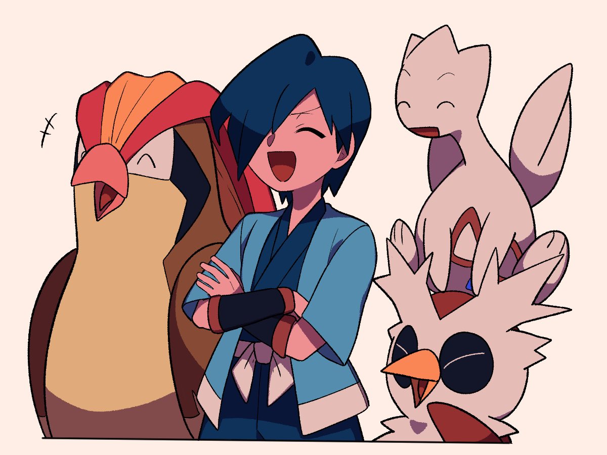 +++ 1boy :d black_wristband closed_eyes crossed_arms delibird falkner_(pokemon) happy jacket japanese_clothes kimono male_focus open_clothes open_jacket open_mouth pidgeot pokemon pokemon_(creature) pokemon_(game) pokemon_gsc sash smile togetic tyako_089