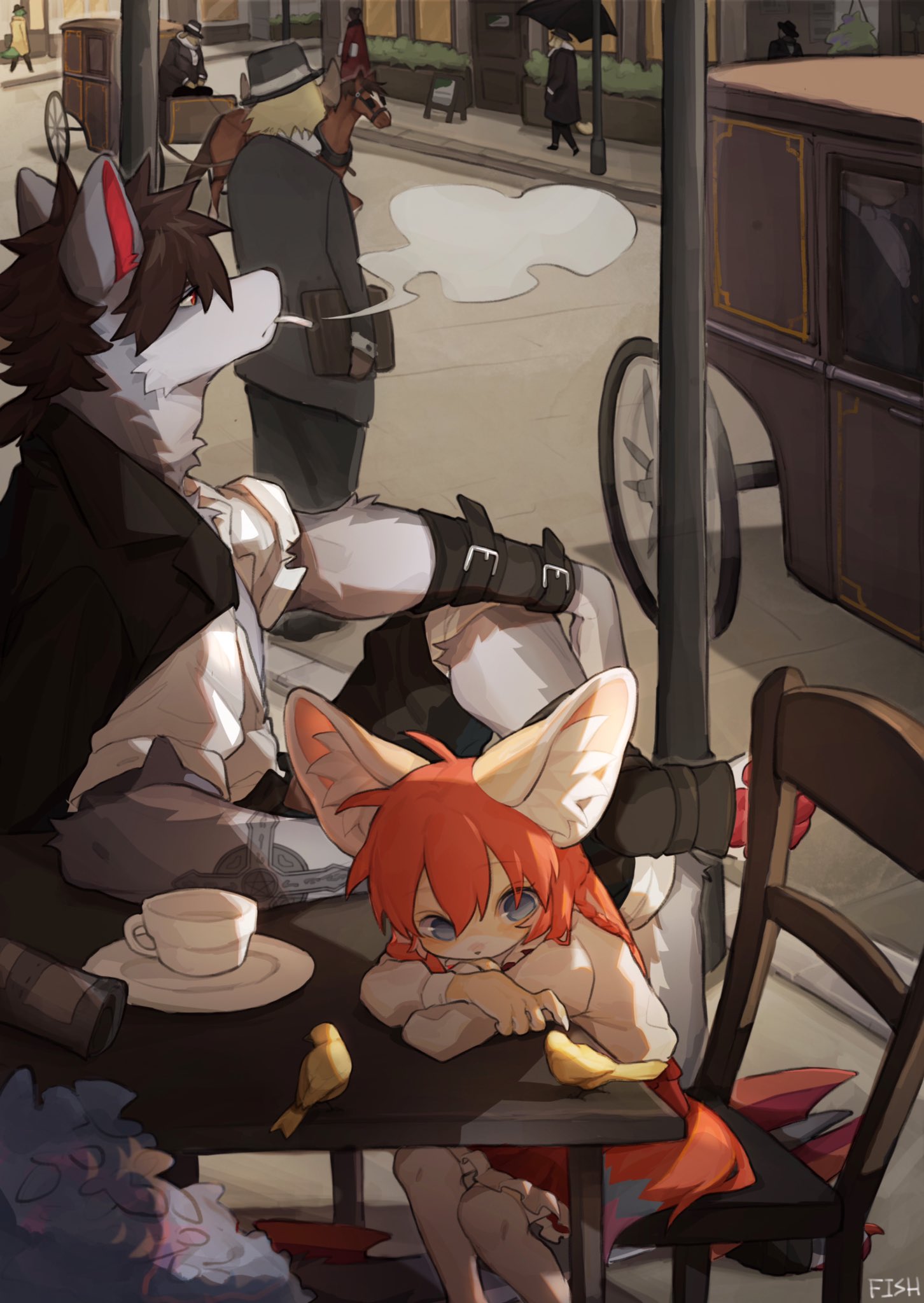 1boy 1girl animal animal_ear_fluff animal_ears animal_feet arm_tattoo artist_name bird blue_eyes body_fur brown_hair carriage chair cigarette claws closed_mouth crossed_arms cup fish7163 fox_ears fox_girl full_body furry furry_female furry_male grey_fur highres horse long_hair long_sleeves looking_to_the_side low_ponytail orange_hair original outdoors plate pleated_skirt red_eyes short_hair short_ponytail sitting skirt smoke smoking table tail tattoo teacup thighhighs wolf_boy wolf_ears