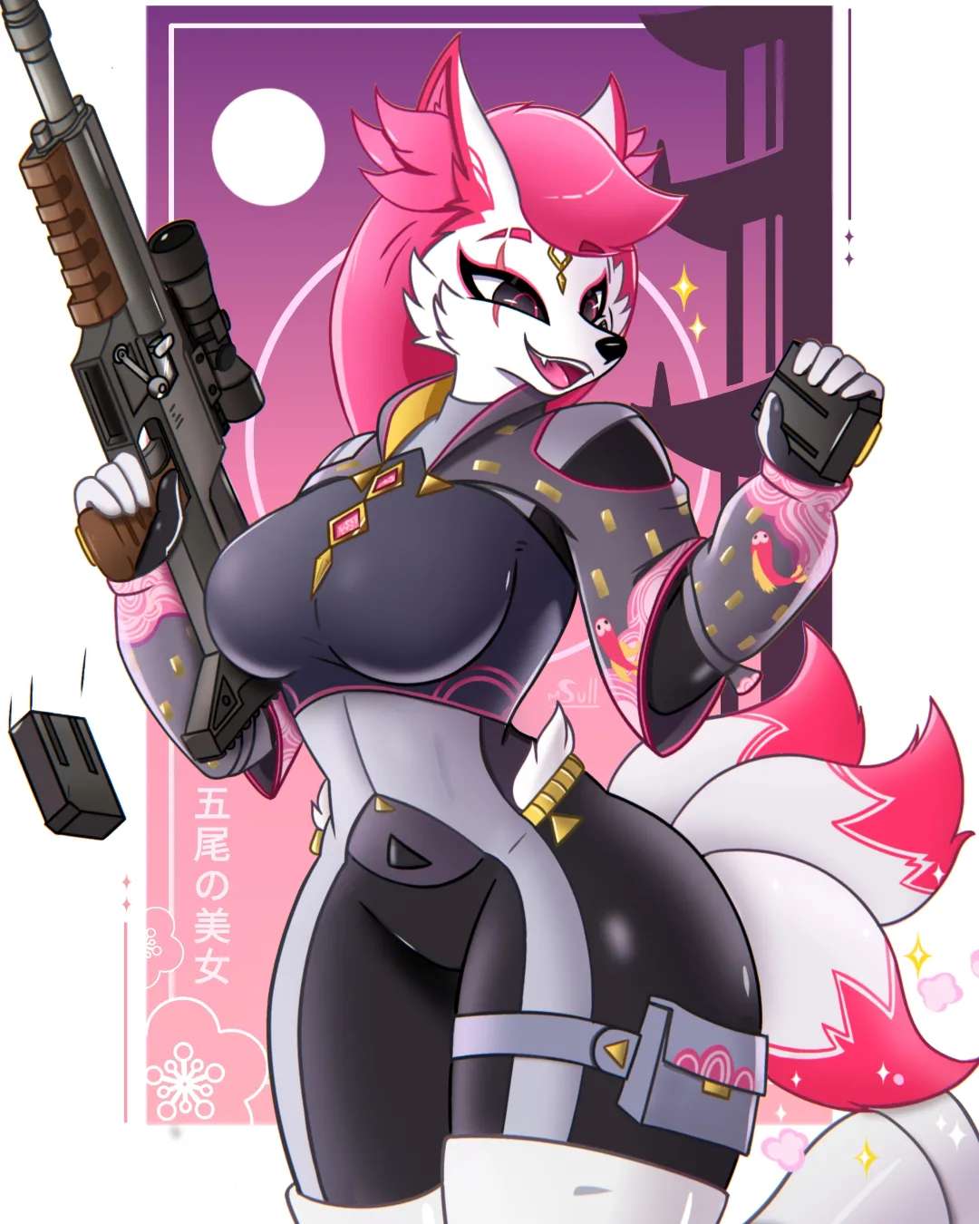 anthro canid canine clothed clothing curvy_figure detailed detailed_clothing effects eye_scar facial_scar female fox fur gun hair hi_res hourglass_figure kimiko_five_tails mammal multi_tail pink_hair ranged_weapon reloading scar solo sparkles sulldfox tail thick_thighs thigh_pouch weapon white_body white_fur