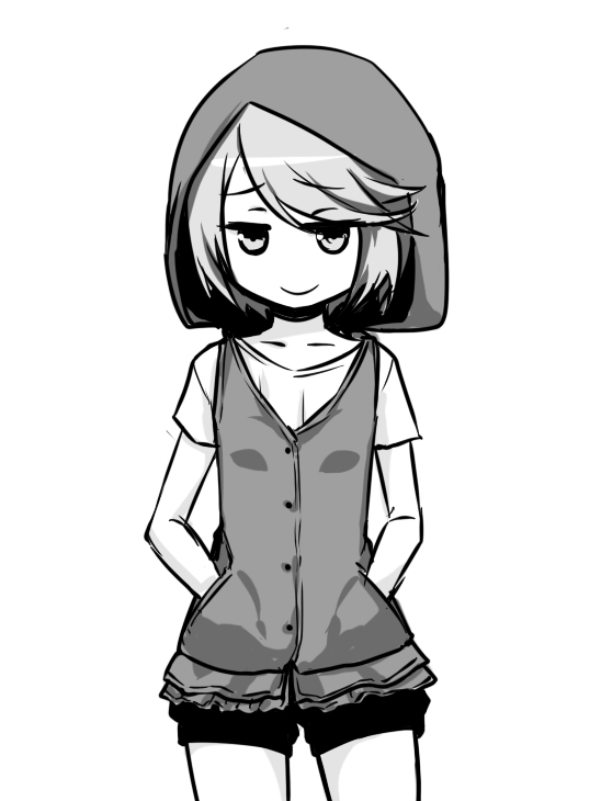 1girl black_shorts closed_mouth commentary_request feet_out_of_frame greyscale hands_in_pockets hood hood_up hoodie i.u.y kinuhata_saiai looking_at_viewer monochrome no_nose shirt short_hair short_shorts short_sleeves shorts simple_background sleeveless sleeveless_hoodie smile solo standing toaru_kagaku_no_railgun toaru_kagaku_no_railgun_s toaru_majutsu_no_index white_background white_shirt