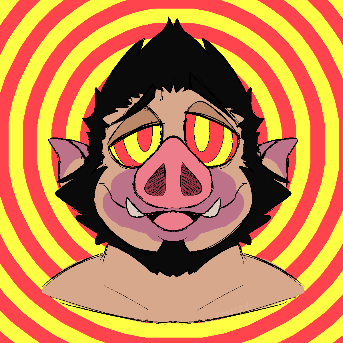 1:1 abstract_background anthro beard dazed domestic_pig facial_hair growth hair headshot_portrait hi_res human human_to_anthro hypno_swirls hypnosis male mammal mind_control onemillionfurries portrait snout snout_growth solo species_transformation spiral_background spiral_eyes suid suina sus_(pig) transformation tusks zac_(casuallynoted)