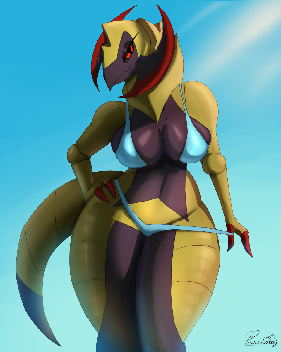 anthro big_breasts bikini blades breasts claws clothed clothing dragon eyelashes female generation_5_pokemon hand_on_hip haxorus hi_res looking_at_viewer narrowed_eyes nintendo paradoxing partially_clothed pokemon pokemon_(species) red_eyes scales scalie skimpy solo swimwear thick_thighs yellow_body yellow_scales