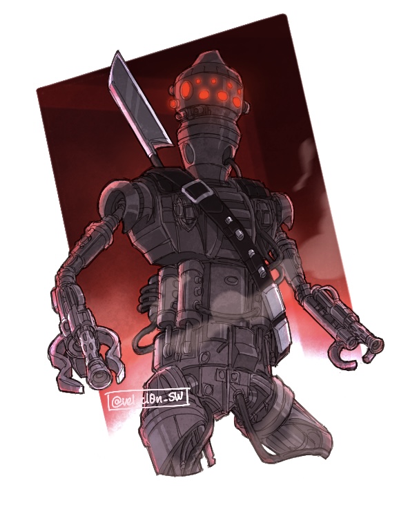 bandolier bayonet blade cable commentary_request concept_art energy_gun extra_eyes ig-88 machinery mecha no_humans pincers ray_gun red_eyes robot science_fiction signature sketch smoke star_wars upper_body user_vngn7438 weapon