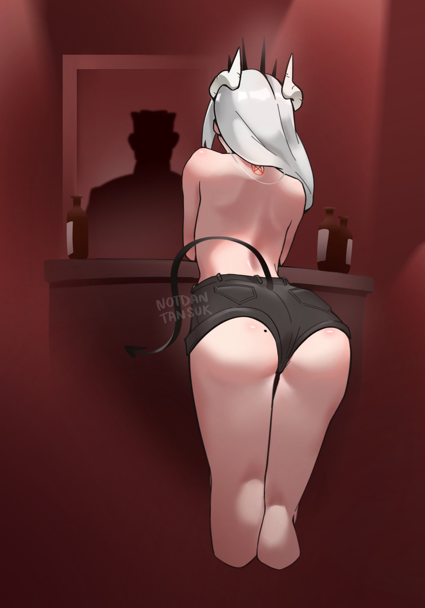 1girl ass back black_shorts cropped_legs crown dantansuk demon demon_horns demon_tail helltaker highres horns looking_at_viewer lucifer_(helltaker) mirror mole mole_on_ass shorts silhouette tail topless white_horns