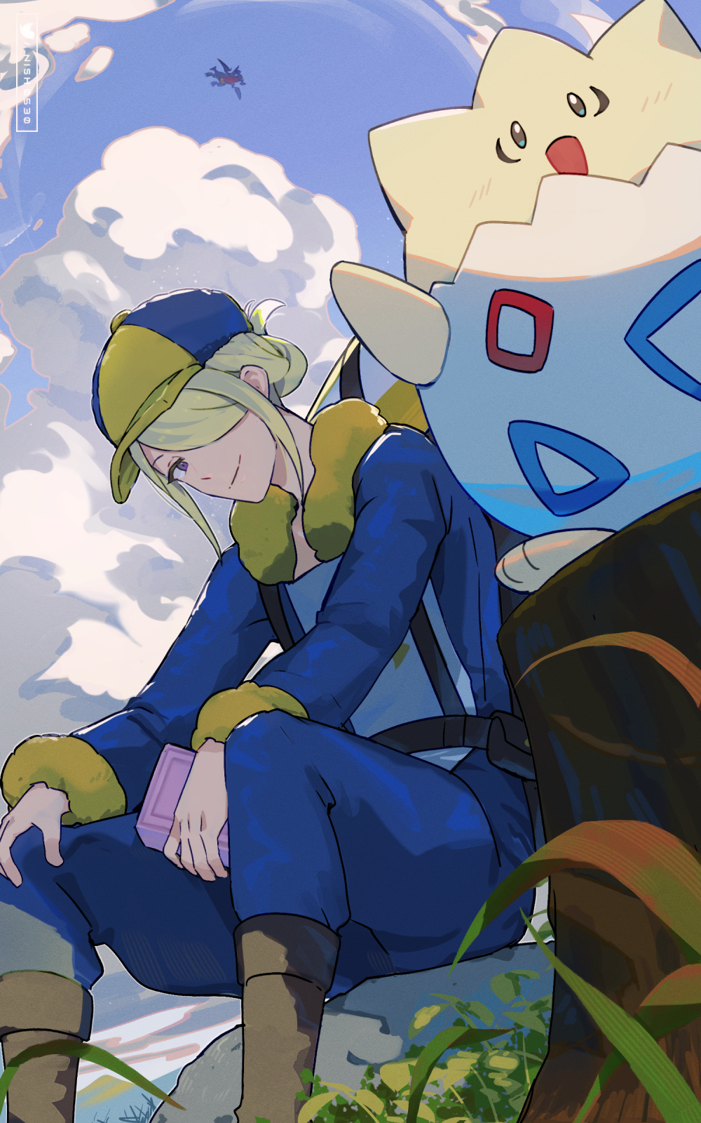 1boy blonde_hair blue_headwear blue_jumpsuit boots brown_footwear closed_mouth cloud commentary_request day from_below garchomp grey_eyes hair_over_one_eye hat highres holding hsin jumpsuit long_sleeves looking_down male_focus outdoors pokemon pokemon_(creature) pokemon_legends:_arceus sky smile togepi tree_stump volo_(pokemon)