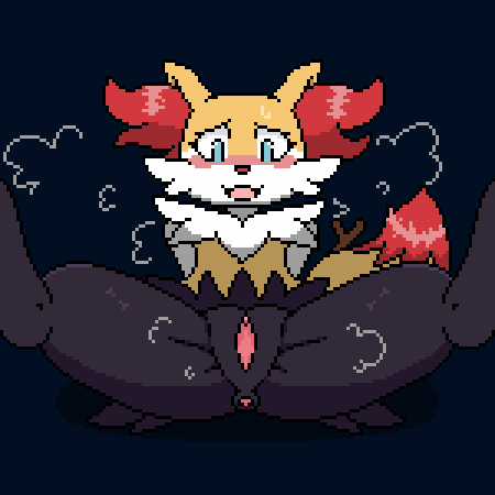 2023 anthro anus black_body black_fur blue_eyes blush bodily_fluids braixen chest_tuft clitoris digital_media_(artwork) female flat_chested front_view fur generation_6_pokemon genitals imactuallygarbage in_heat inner_ear_fluff low_res multicolored_body multicolored_fur nintendo open_mouth pixel_(artwork) pokemon pokemon_(species) presenting presenting_anus presenting_pussy pussy simple_background sitting solo spreading sweat tail tuft white_body white_fur yellow_body yellow_fur