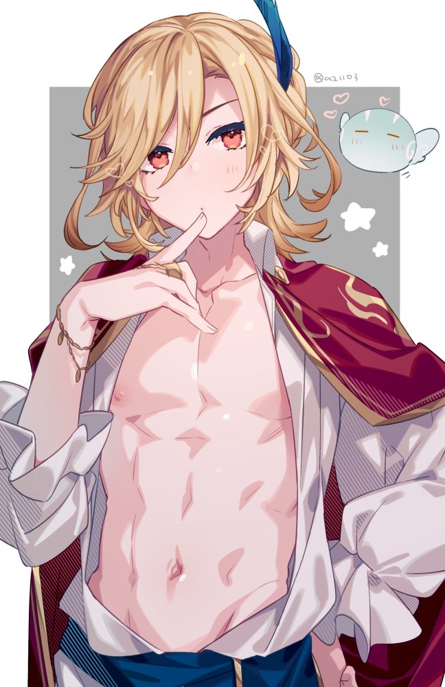 1boy azuma_(azuma10270724) blonde_hair cape feather_hair_ornament feathers genshin_impact hair_between_eyes hair_ornament kaveh_(genshin_impact) long_sleeves male_focus muscular muscular_male navel nipples open_clothes open_shirt red_cape red_eyes shirt slime_(genshin_impact) solo stomach white_shirt