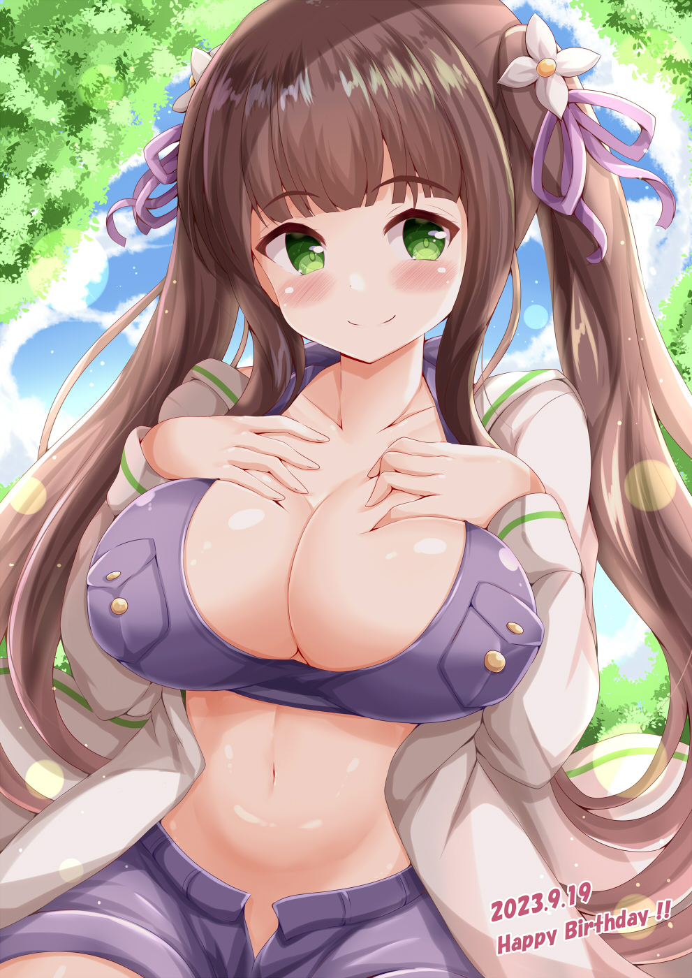 ! !! 1girl alternate_hairstyle blue_sky blunt_bangs blush breast_pocket breasts brown_hair cardigan cleavage closed_mouth crop_top dated flower gochuumon_wa_usagi_desu_ka? green_eyes hair_flower hair_ornament hair_ribbon halterneck happy_birthday highres large_breasts long_hair long_sleeves looking_at_viewer navel open_fly pocket purple_shirt purple_shorts ribbon sailor_collar shirt short_shorts shorts sky smile solo stomach twintails ujimatsu_chiya very_long_hair white_cardigan white_sailor_collar xenon_(for_achieve)