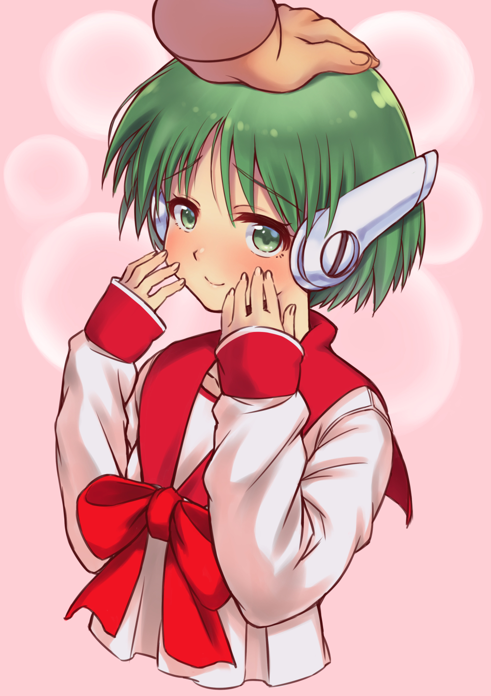 1girl android blush bow collarbone disembodied_limb green_eyes green_hair hand_on_another's_head highres multi_(to_heart) piano-alice pink_background red_bow red_sailor_collar robot_ears sailor_collar school_uniform short_hair sleeves_past_wrists smile solo_focus to_heart